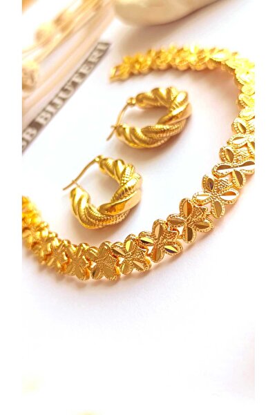 RSB Küpe Oval ve Bileklik Altın Kaplama 316 L Çelik 2'li Set