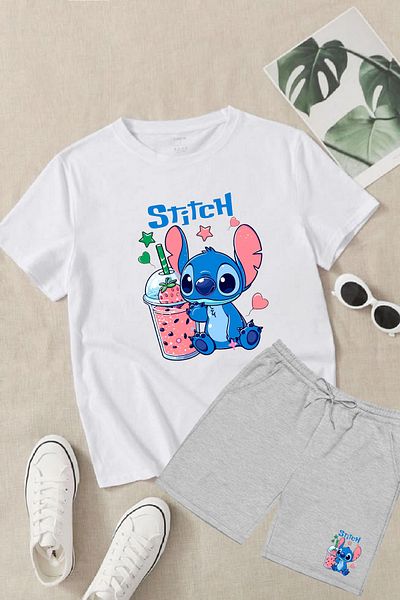 makiteks Set of 2 Printed Girl's Cotton Shorts Tshirt Lilo Stitch 5 6 7 8 9 10 11 12 13 14 Years Old T-Shirt
