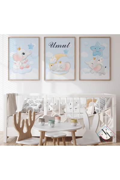 NN DECOR İsme Özel Fil ve Tavşan Figürlü 3'lü Set - Doğal Ahşap Çerçeveli, Kı...