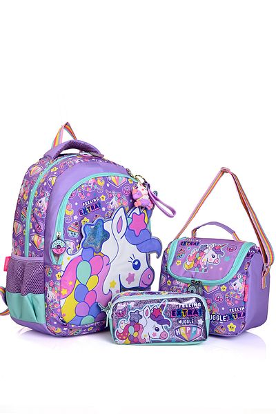 MUGGLE Mu-5719 Unicorn Patterned School Bag Set of 3 – Backpack, Lunchbox and Pen Holder