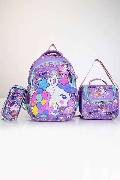 MUGGLE Mu-5719 Unicorn Patterned School Bag Set of 3 – Backpack, Lunchbox and Pen Holder