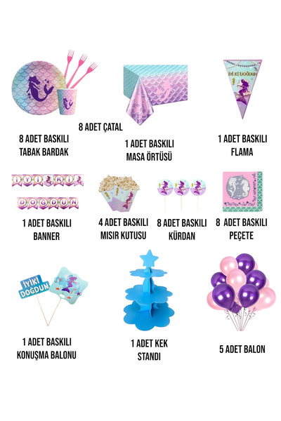 Evabrite Mermaid Birthday Party Set - Girl's Party Table Decorations for 8 People