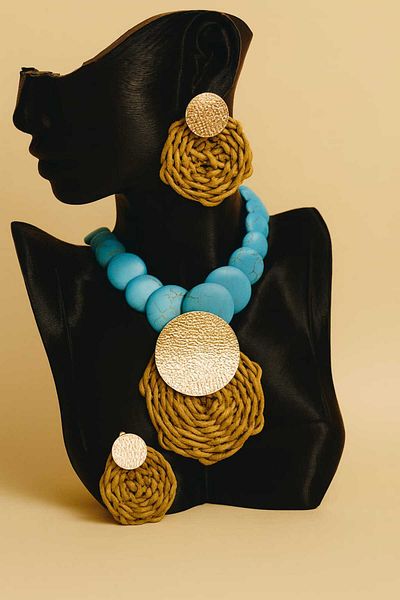 birtarz Special Design Natural Stone and Gold Detailed Necklace and Earring Set