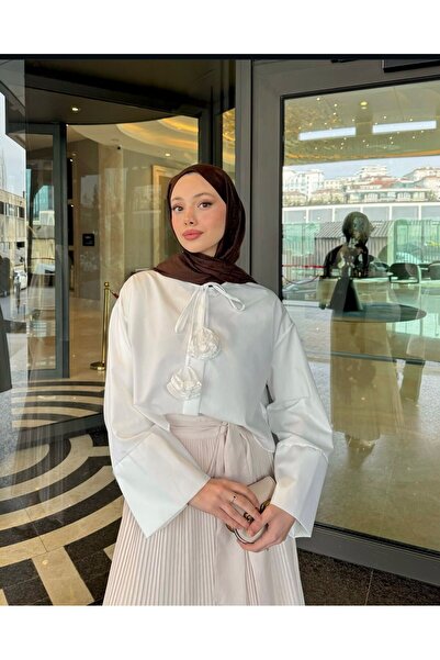 İZYA Women's Lace-Up Floral Detailed Long Sleeve Blouse – White Color