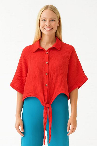 enmodaiçgiyim Pomegranate Flower 100% Cotton Muslin Fabric Women's Batwing Sleeve Button down Summer Shirt–Comfortable and Stylish Casual Blouse