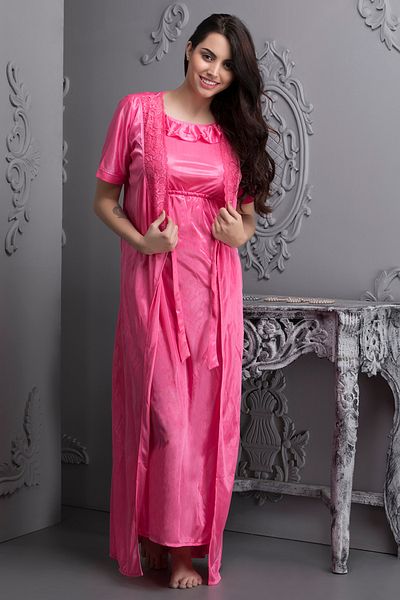 iza 2 Pcs Satin Nightwear Set In Pink- Long Robe & Nightie