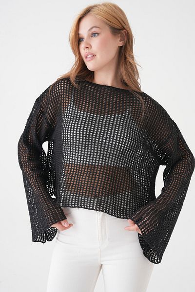 lovebox Women's Knitted Patterned Long Sleeve Black Knitwear Crop Blouse 3200