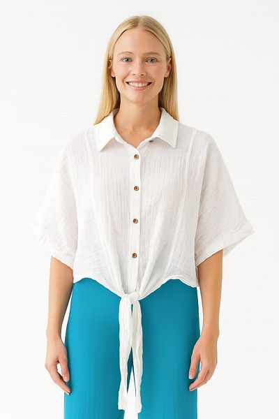 enmodaiçgiyim White 100% Cotton Muslin Fabric Women's Bat Sleeve Buttoned Summer Shirt – Comfortable and Stylish Casual Blouse