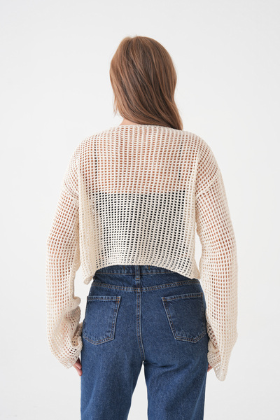 lovebox Γυναικεία πλεκτά με μοτίβο μακρυμάνικη κρεμ πλεκτή μπλούζα Crop 3200