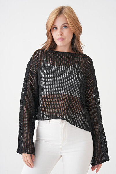 lovebox Women's Knitted Patterned Long Sleeve Black Knitwear Crop Blouse 3200