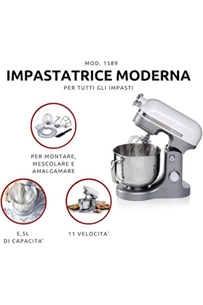 AyrStore Moderna Mutfak Şefi Beyaz Gri 1589/01 - Döküm Gövde, Planet Mikser Yoğurma Makinesi, 1600
