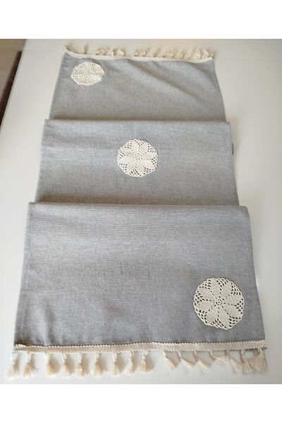 denizli hatırası Handcrafted Embroidered Natural Organic Linen Authentic Tasseled Runner 45X120 cm