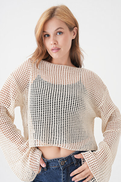 lovebox Γυναικεία πλεκτά με μοτίβο μακρυμάνικη κρεμ πλεκτή μπλούζα Crop 3200