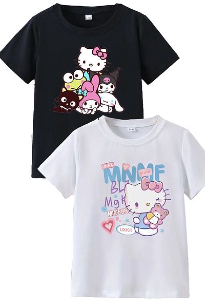 makiteks 2 Pack Quality Cotton Combed Women's Printed Tshirt Hello Kitty Black White T-Shirt