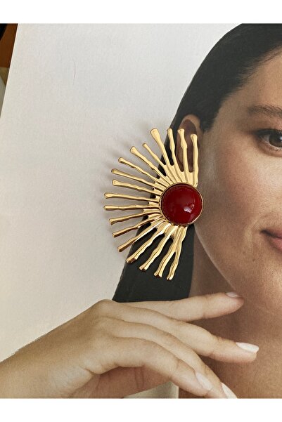 Pinery Jewels Yelpaze Kırmızı Oval Taşlı Kadın Küpe Çifti