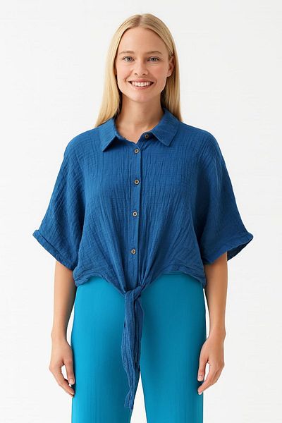 enmodaiçgiyim Blue 100% Cotton Muslin Fabric Women's Bat Sleeve Buttoned Summer Shirt – Comfortable and Stylish Casual Blouse