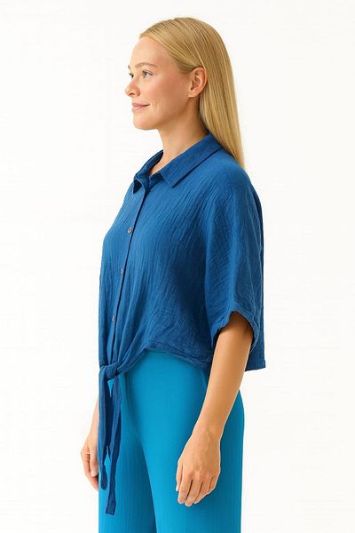 enmodaiçgiyim Blue 100% Cotton Muslin Fabric Women's Bat Sleeve Buttoned Summer Shirt – Comfortable and Stylish Casual Blouse