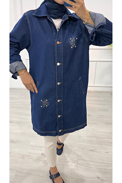 DESTEMODA Women's Denim Jacket Stone Detailed Pocket Long Jacket Denim Dark Blue 4516