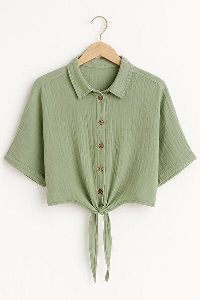 enmodaiçgiyim Mint Green 100% Cotton Muslin Fabric Women's Bat Sleeve Button Summer Shirt–Comfortable and Stylish Casual Blouse