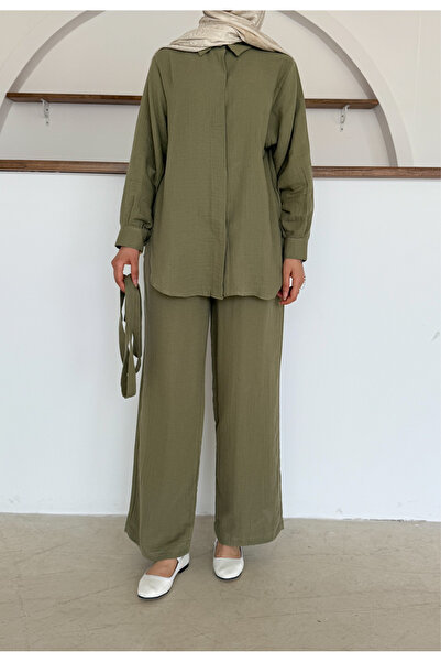 Butik Hijab Compatible Muslin Fabric Loose Cut Belted Trousers Shirt Set