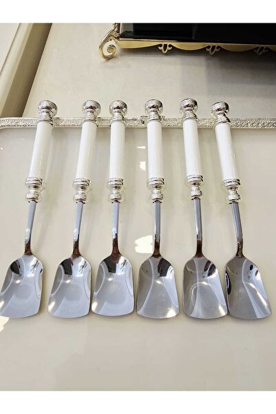 MaviDamla 6 Pieces Ice Cream Spoons with Porcelain Handle Silver