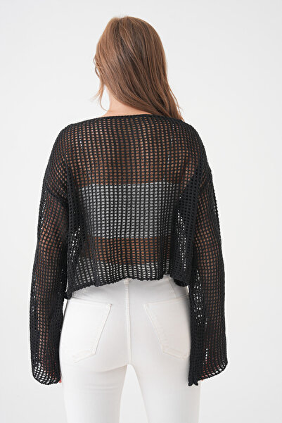 lovebox Women's Knitted Patterned Long Sleeve Black Knitwear Crop Blouse 3200