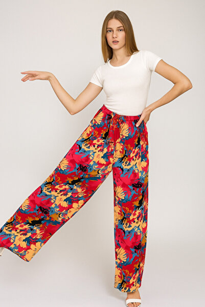 SheLoria Women's Red Floral Tie Detail Elastic Waist Relaxed Fit Palazzo Visc...