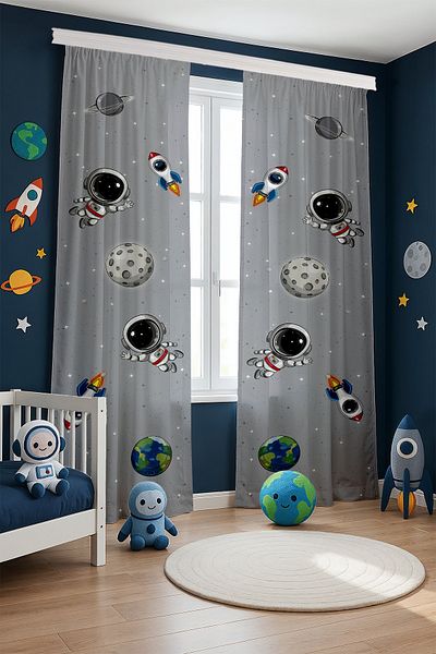 EVPANYA Gray Space and Little Astronaut Patterned Children's Baby Room Background Curtain (Single Wing Pricing)