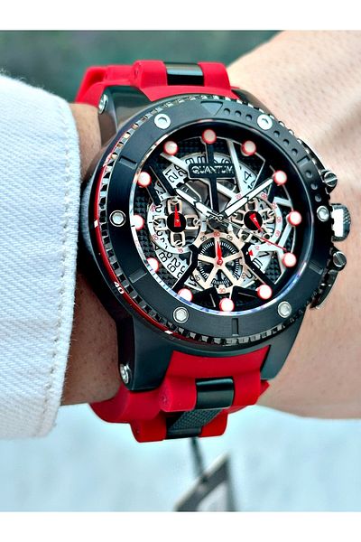 Quantum Function Red Color Hunter Silicone Cord Steel Case Men Wrist Watch 535.658Mr