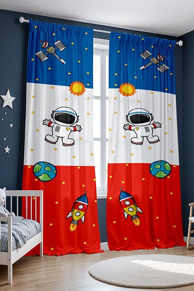 EVPANYA Blue Red Space and Little Astronaut Patterned Children's Baby Room Background Curtain (Single Wing Pricing)