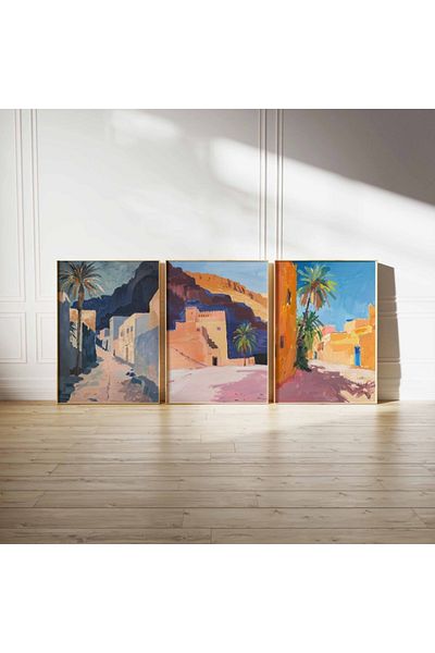 Nuqta Three canvas paintings - a colorful impressionistic design of Najdi nature and architecture