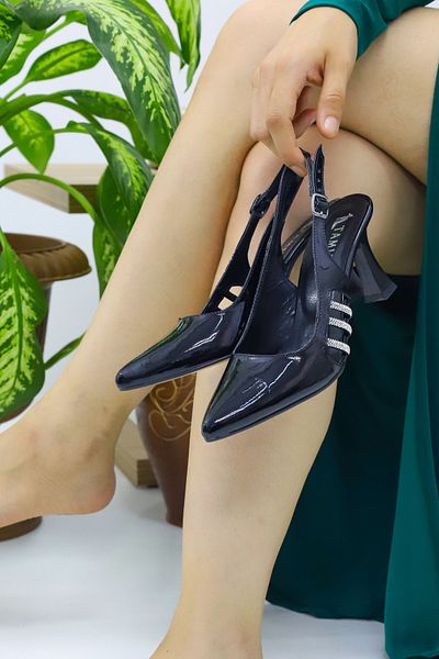 Modaarmada Black Patent Leather New Season Women's 7 cm High Heel Shoes with Stone Details on the Sides