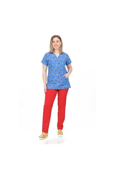 DEMOTEKS Blue Medical Blouse with Print - Ladybug Medical Uniform Model
