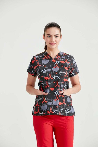 DEMOTEKS Black Medical Blouse with Print - Cardio EKG Model
