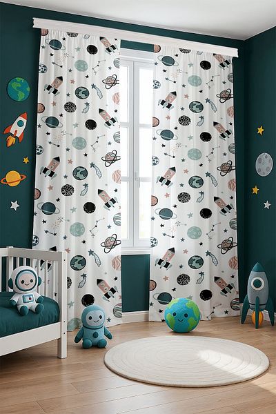 EVPANYA White Retro Space Patterned Children's Baby Room Background Curtain (Single Wing Pricing)
