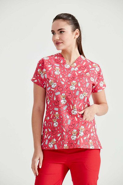 DEMOTEKS Red Medical Blouse with Print - Teddy Red