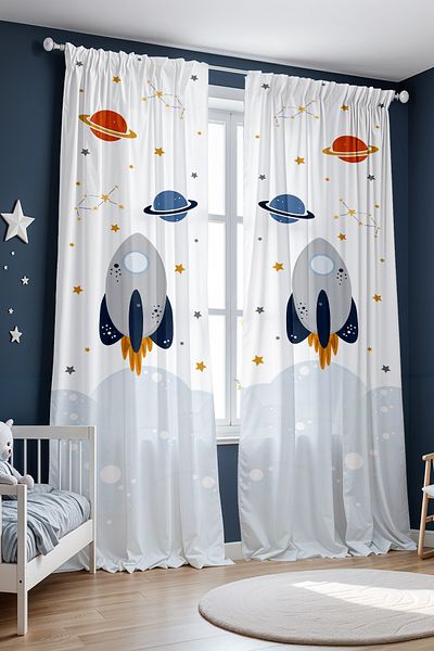 EVPANYA Rocket and Space Patterned Children's Baby Room Background Curtain (Single Wing Pricing)