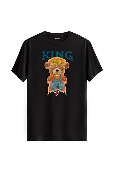 Colermi تي شيرت مطبوع عليه تيدي بير يرتدي التاج على عرش الملك - تي شيرت بتصمي...