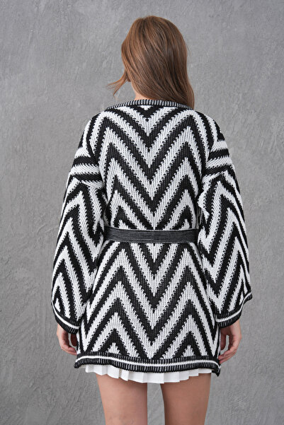 bayansepeti Black and White Zigzag Patterned Belt Detailed Knitwear Cardigan 3201