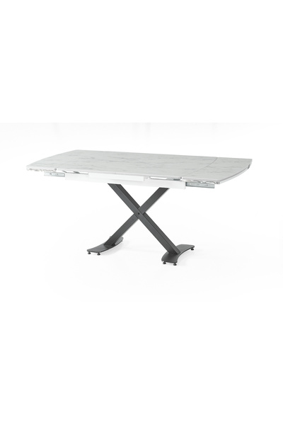 DENGEMA Diamond Açılır Kapanır Masa – Beyaz Mermer, Siyah Ayak, 80×120/180 cm, 4–6 Kişilik (Sandalyesiz)