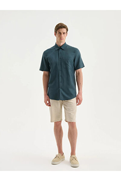LC Waikiki Ανδρικό πουκάμισο SOUTHBLUEPetrol Regular Fit με κοντό μανίκι με λινό εμφάνιση
