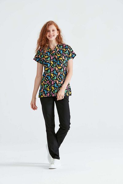 DEMOTEKS Black Medical Blouse with Print - Dino Model