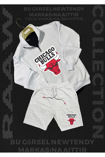 NEW TRENDY COLLECTİON Chigago Bulls Half Zipper Stand Collar Sweatshirt - Shorts Fan Cotton 2 Yarn Set