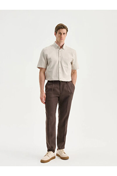 LC Waikiki Ανδρικό πουκάμισο SOUTHBLUE Beige Regular Fit με κοντό μανίκι με λινό εμφάνιση