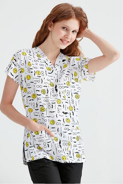 DEMOTEKS White Medical Blouse with Print - Moustache Model