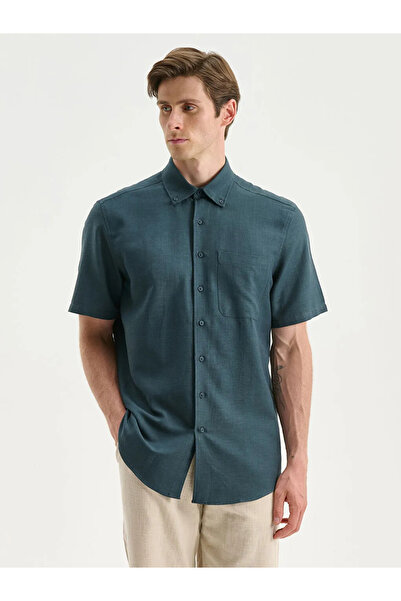 LC Waikiki Ανδρικό πουκάμισο SOUTHBLUEPetrol Regular Fit με κοντό μανίκι με λινό εμφάνιση