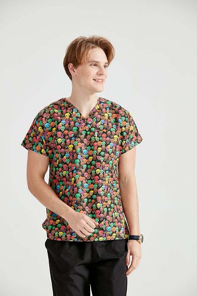 DEMOTEKS Black Medical Blouse with Print - Skull Model