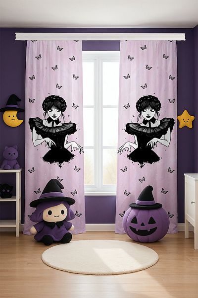 EVPANYA Pink Wednesday Addams Patterned Children's Baby Room Background Curtain (Single Wing Pricing)