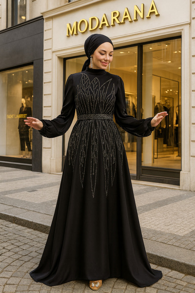 Modarana Saten Taş Detaylı Uzun Tesettür Abiye (NİŞAN-DÜĞÜN)