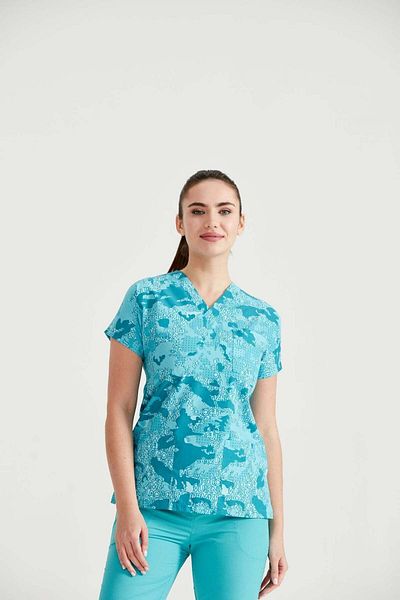 DEMOTEKS Turquoise Medical Blouse with Print - Turquoise Camouflage Pattern